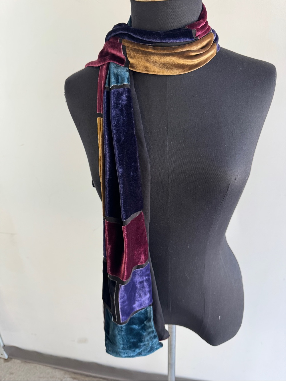 Vintage Chico's Velvet Patchwork Scarf Multicolor Burnout Wrap Boho Lagenlook - Picture 6 of 11
